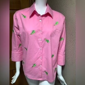 Vintage 90s Casey Coleman Pink Button-Up Shirt with Green alligator Embroidery
